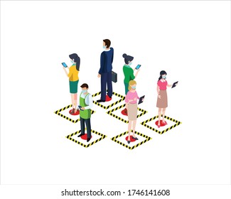 The concept of social distance to prevent coronavirus covid-19 with people who keep their distance by following sign instructions. Vector modern isometric style