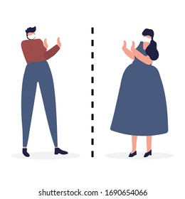Concept social distancing. Cartoon characters, men, and women wearing masks have line between them. Keeping distance in public to stop spread Coronavirus (COVID-19). People. Vector illustration.
