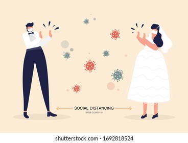 Concepto de distanciamiento social. Personajes de caricaturas, hombres y mujeres usan traje de boda. Mantener la distancia en público para prevenir y detener la propagación del Coronavirus (COVID-19).  Ilustración vectorial.