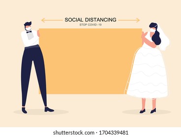 Concept social distancing. Cartoon characters, men and women wear wedding dress holding sign with blank space for the text. Vector illustration.