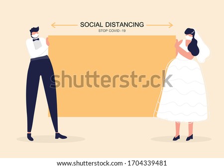 Concept social distancing. Cartoon characters, men and women wear wedding dress holding sign with blank space for the text. Vector illustration.