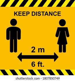 Concept Social Distancing. Keep Your Distance, 6 Ft Or 6 Feet, 2m Or 2 Meters  Instruction Icon. Vector Illustration In Flat Design.