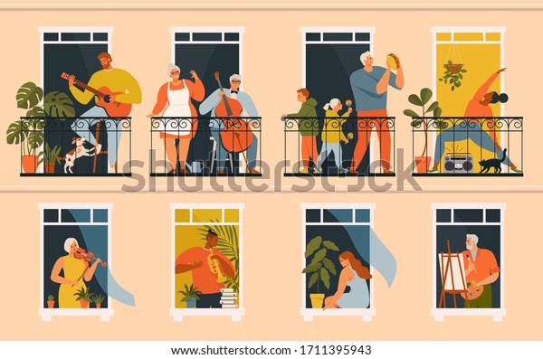 The\
concept of social isolation during the coronavirus pandemic. People\
playing musical instruments, cello, guitar, trumpet, buden, violin\
and doing yoga on balconies. Stay home quarantine.\
