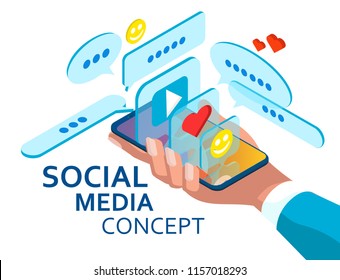 The concept of social media activities. Likes and chats on the phone screen. isometric 3d