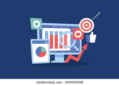 Concept of Social media, analytics, digital marketing, Content marketing, website advertising, analysis, graphs, charts - conceptual vector illustration with icons
