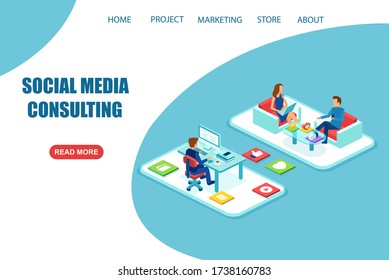 Concept of social media consulting and marketing concept. Vector of consultants helping a client in promotion of a product or service on social networks.