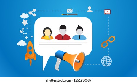 Concept of social media engagement, social networking, interaction with audience, user comment, media marketing and promotion. Flat design vector illustration.