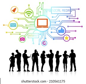 Concept of social media and a group of business people.