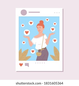 Concept of social media influencer. An influential young beautiful girl attracts likes and hearts. Flat vector illustration.