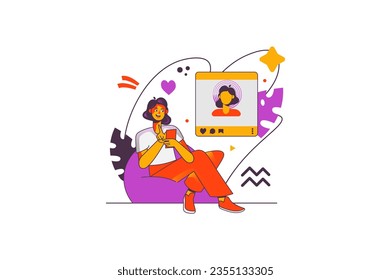 Concept social media life with people scene in the flat cartoon style. A teenage girl scrolls through social networks and likes photos of her friends. Vector illustration.