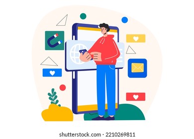 Concept Social media marketing with people scene in the flat cartoon style. Marketer promotes public interests on the Internet. Vector illustration.