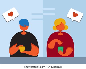 Concept of Social media marketing. Promotion method. Young man and woman with smartphone get acquainted in social network. Like photo, looking for friends. Modern flat vector illustration.