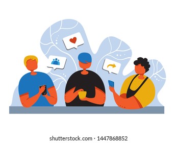 Concept of Social media marketing. Promotion method. young people with smartphone like comment, looking for friends, write and repost comments. Modern flat vector illustration.