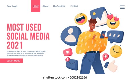 Concept of the social media network and digital communication. Website landing page template design. Web page layout with a vector character surrounded by icons and emojis, chatting in a smartphone.