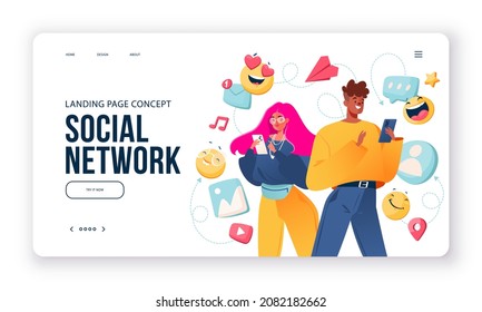 Concept of social media network and digital communication. Website landing page template design. Web page layout with two happy smiling vector characters chatting on social media using smartphone.