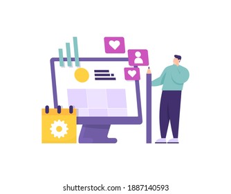 A Concept Of A Social Media Planner, Content Creator, Digital Marketing. Illustration Of A Social Media Admin Standing And Holding A Pencil. Computer Monitor, Chart, Heart Symbol. Flat Style. Vector