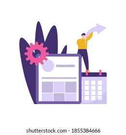 the concept of social media planner or Strategies, digital marketing. metaphor illustration of a male manager who manages media social accounts to attract viewers and share posts. flat style design