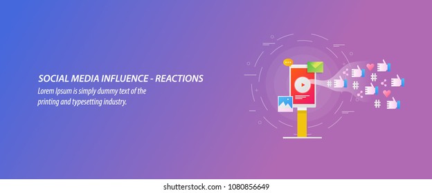 Concept for Social media reaction, Influencer marketing, user engagement flat vector banner with icons