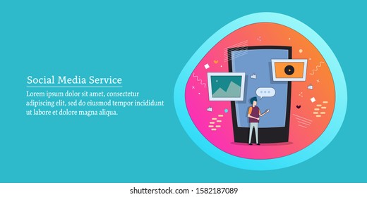 Concept of Social media service, Social media, Mobile marketing vector banner with character and icons
