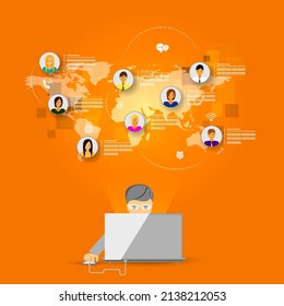 The concept of social network background with people and icons.