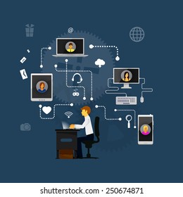 The concept of social network background with people and icons.