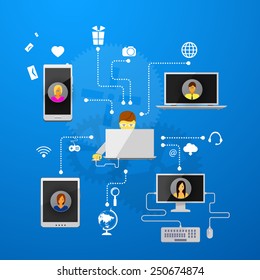The concept of social network background with people and icons.