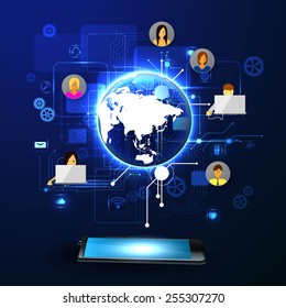 The concept of social network background with people and icons.