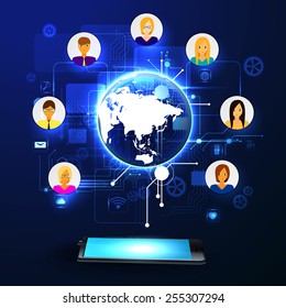 The concept of social network background with people and icons.