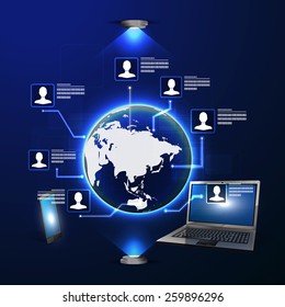 The concept of social network background with people and icons.