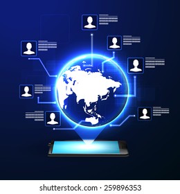 The concept of social network background with people and icons.