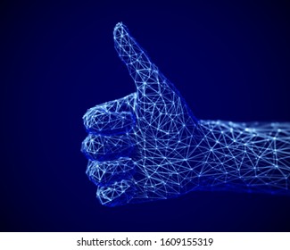 Concept of social network and media: digital human hand with thumb up gesture. Polygonal 3D like symbol. Abstract visualization of goal achievement and business success. EPS 10, vector illustration.