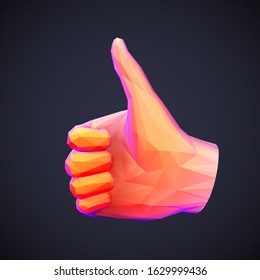 Concept of social network and media: low poly human hand with thumb up gesture. Polygonal 3D like symbol. Abstract visualization of goal achievement and business success. EPS 10, vector illustration.