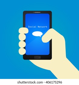 Concept of social network on mobile phone. Hand holding smartphone. Flat design, vector illustration.