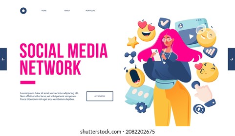 Concept of social networking, communication through Internet for landing page. Web design template with vector illustration. Young girl, fashionably dressed, holding phone and texting with friends.