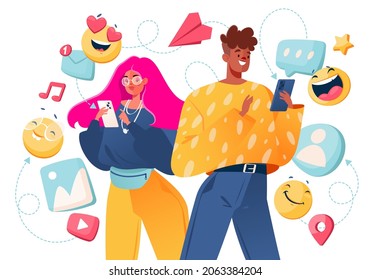 Concept of social networking, online communication, work and business through modern technology. Vector illustration with two characters in cartoon style. Young people holding smartphones and chatting