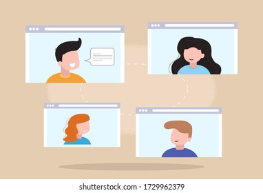 Concept social networking, web, online meetings. Video conference illustration. Group of people talking by internet. Stream, web chatting, online meeting friends.