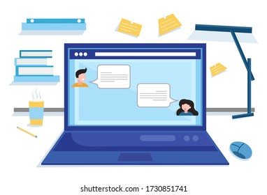 Concept social networking, web, online meetings. Home workplace flat vector design. Workspace for freelancer and home work. Coronavirus, quarantine isolation. Vector flat illustration