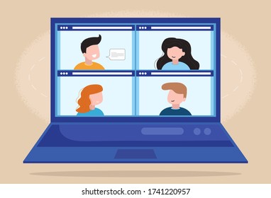 Concept social networking, web, online meetings. Online video conference on the computer screen. Meeting with colleagues at home. People talking with each other. Video call, vector illustration.