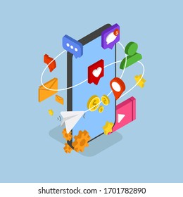 El concepto de las redes sociales. Ilustración vectorial isométrica plana aislada en fondo blanco. Puede ser usado en sitios y banners web. Construcción de tendencias. Los medios sociales vuelan desde el teléfono.