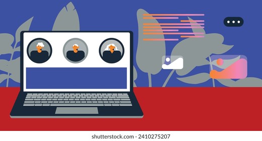 Concept of social networks, freelance. New generation. People and interacting with virtual reality. Vector illustration. 