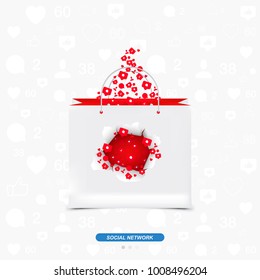 Concept for social networks. Icons of notifications with comments, likes and new friends fly through the torn paper in a gift bag.