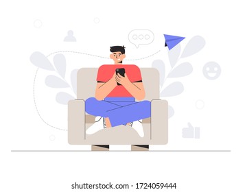 The concept of social networks and online communication in home. Young man is sitting in chair and chatting on the phone in social networks. Different social network icons. Flat style vector.