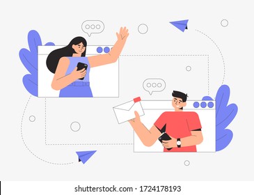 The concept of social networks and online communication. A young man and woman are chatting in a message apps. Dialogue of two people, conference connection, video communication, file sharing.