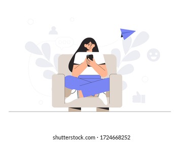 The concept of social networks and online communication in home. Young woman is sitting in sofa and chatting on the phone in social networks. Different social network icons. Flat style vector.