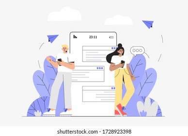 The concept of social networks and online communication. Young woman and a man standing near the screen of the phone, and chatting online. Vector illustration in a modern flat style.