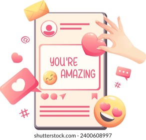 Concept of social networks. Smartphone with hand with heart icons, text compliment You are amazing. Vector illustration in cartoon style