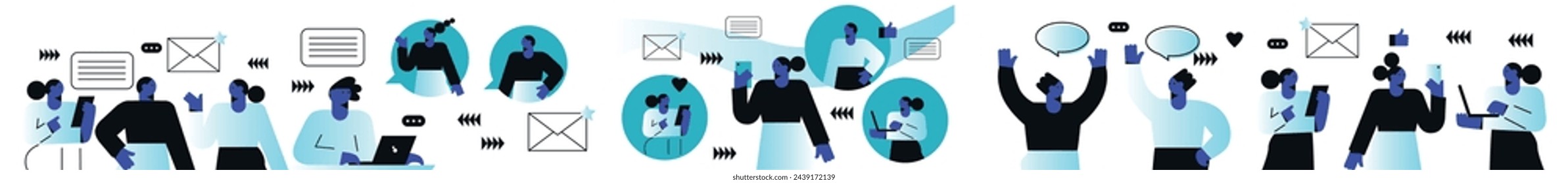 Concept of social networks, virtual relationships. New generation. Friends chatting and texting. Vector flat illustration.