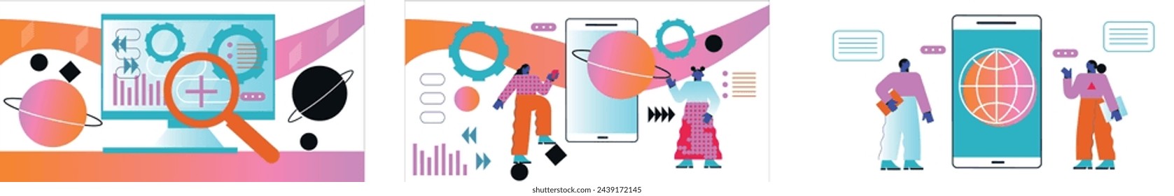 Concept of social networks, virtual relationships. New generation. Friends chatting and texting. Vector flat illustration.