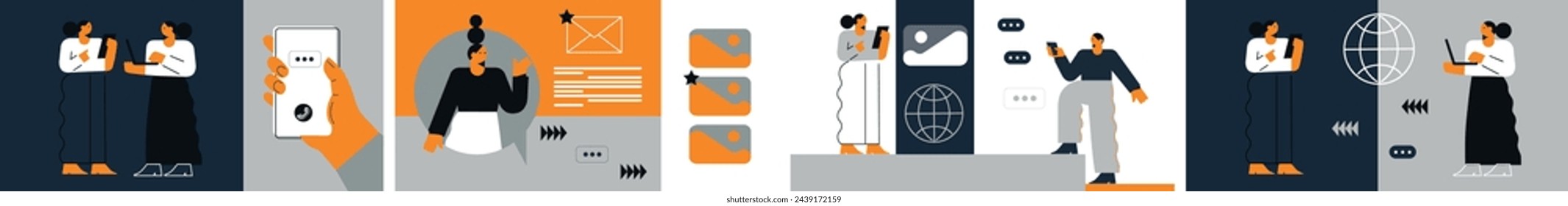 Concept of social networks, virtual relationships. New generation. Friends chatting and texting. Vector flat illustration.