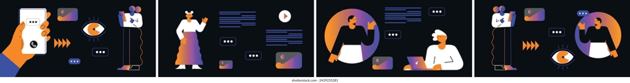 Concept of social networks, virtual relationships. New generation. Friends chatting and texting. Vector flat illustration.	